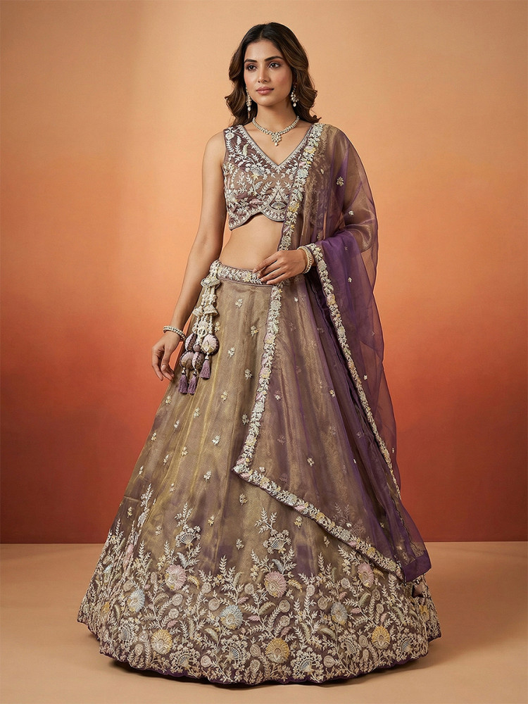 Image of Purple Tissue Embroidery Wedding Reception Party Festival Heavy Border Lehenga Choli