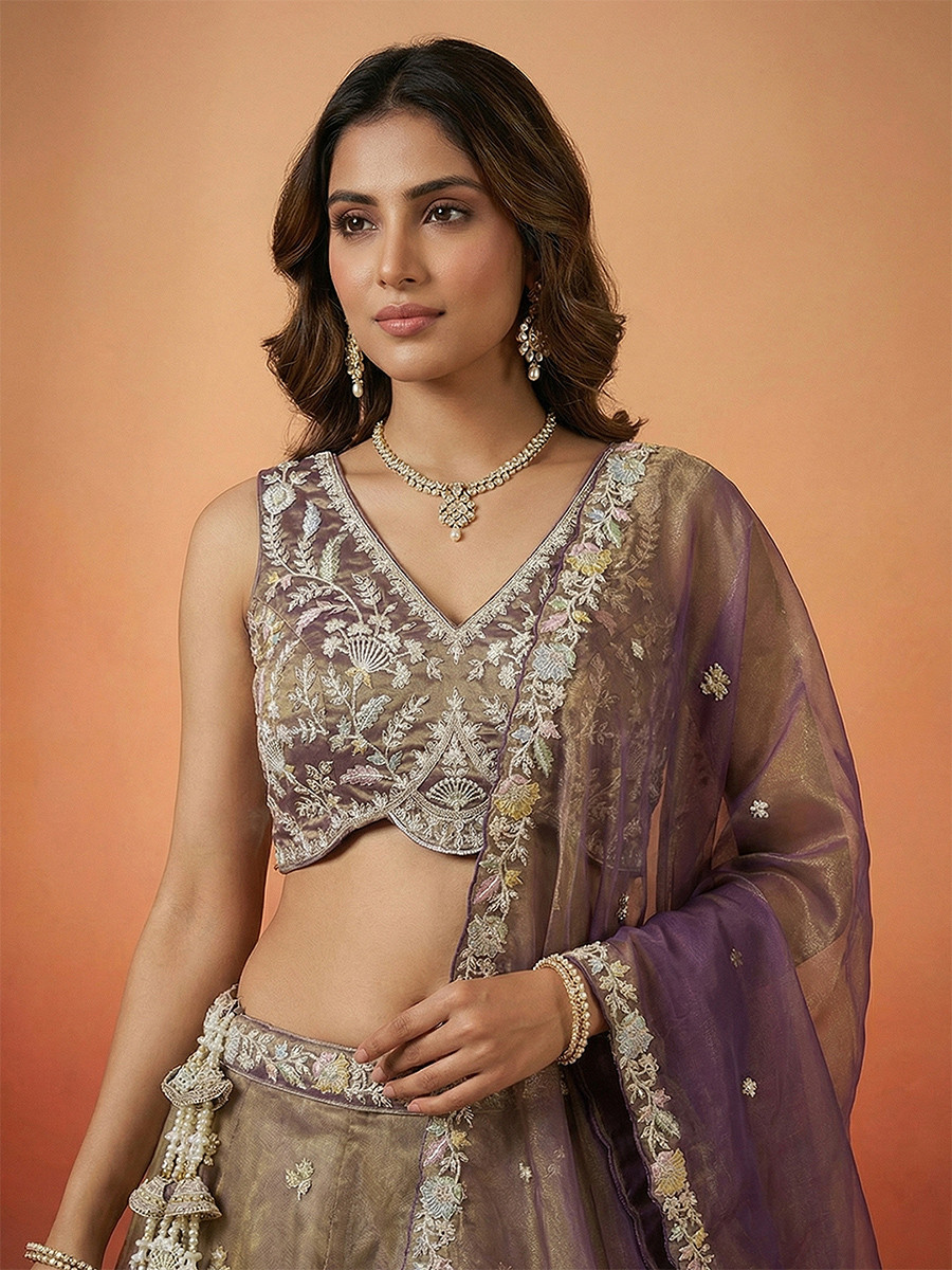 Purple Tissue Embroidery Wedding Reception Party Festival Heavy Border Lehenga Choli