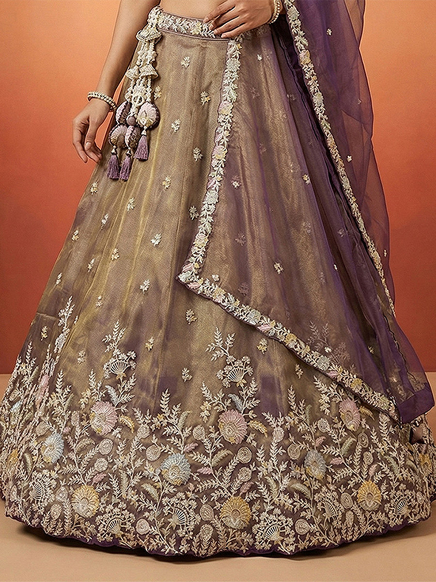 Purple Tissue Embroidery Wedding Reception Party Festival Heavy Border Lehenga Choli