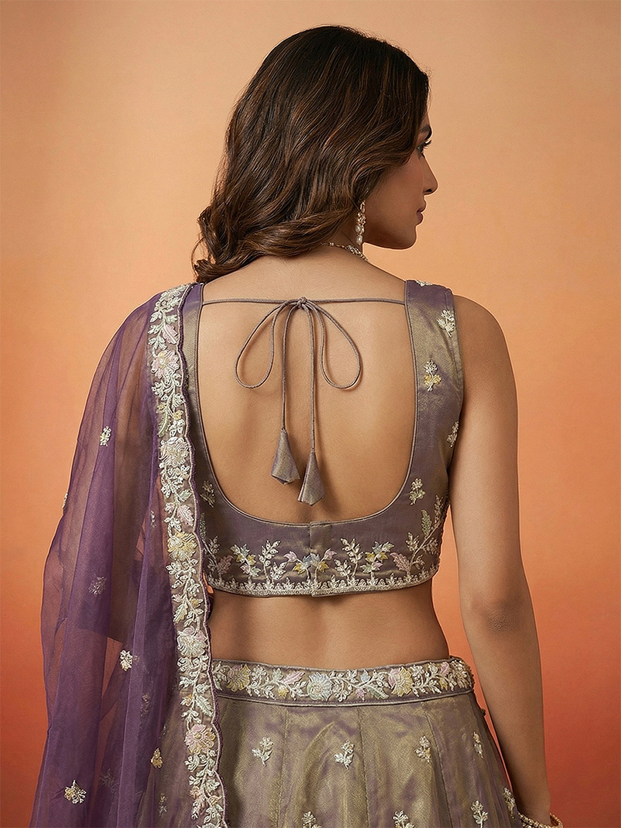 Purple Tissue Embroidery Wedding Reception Party Festival Heavy Border Lehenga Choli