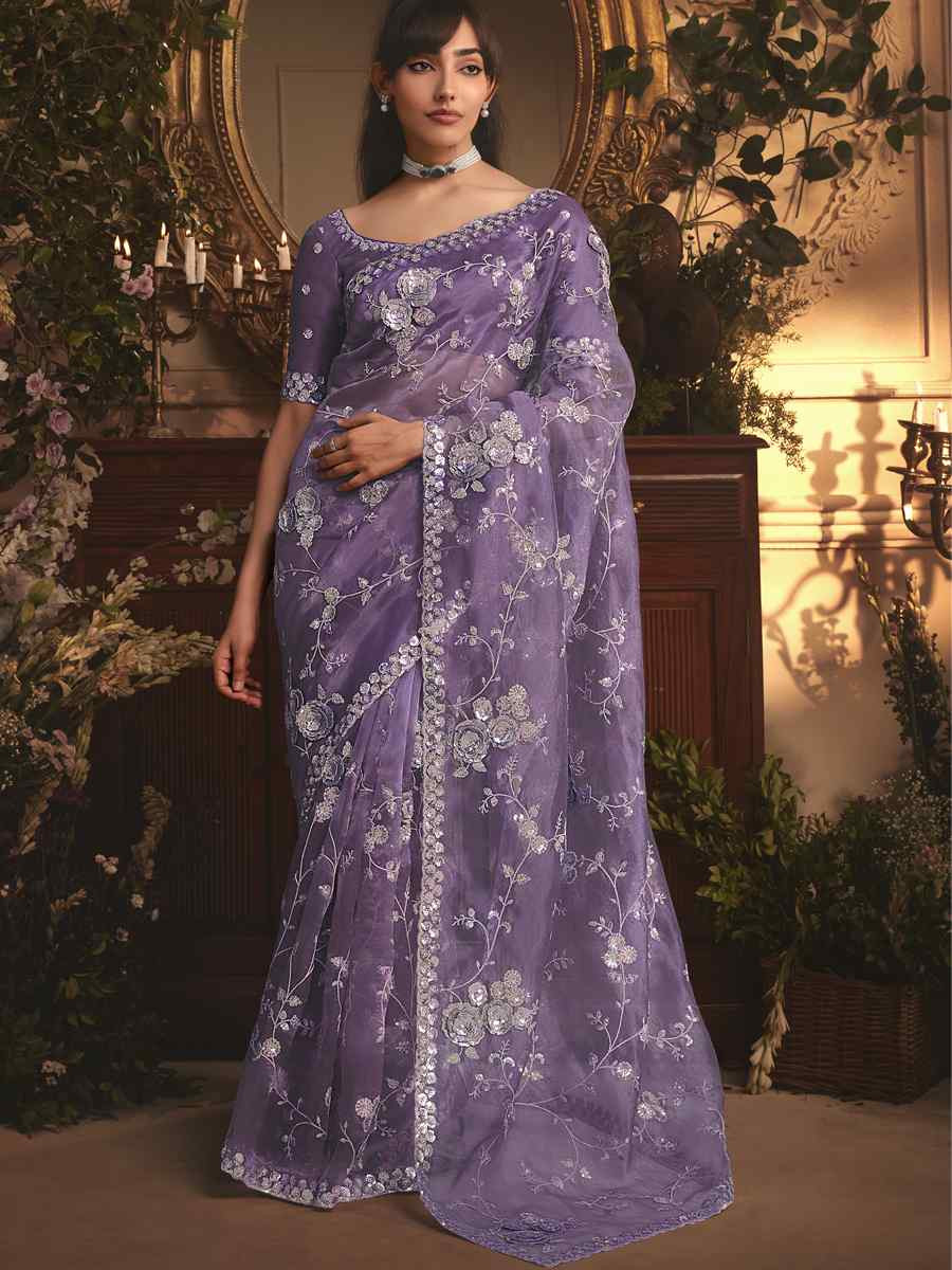 Purple Tissue Organza Embroidery Traditional Bridal Reception Festival Wedding Fancy Heavy Border Saree