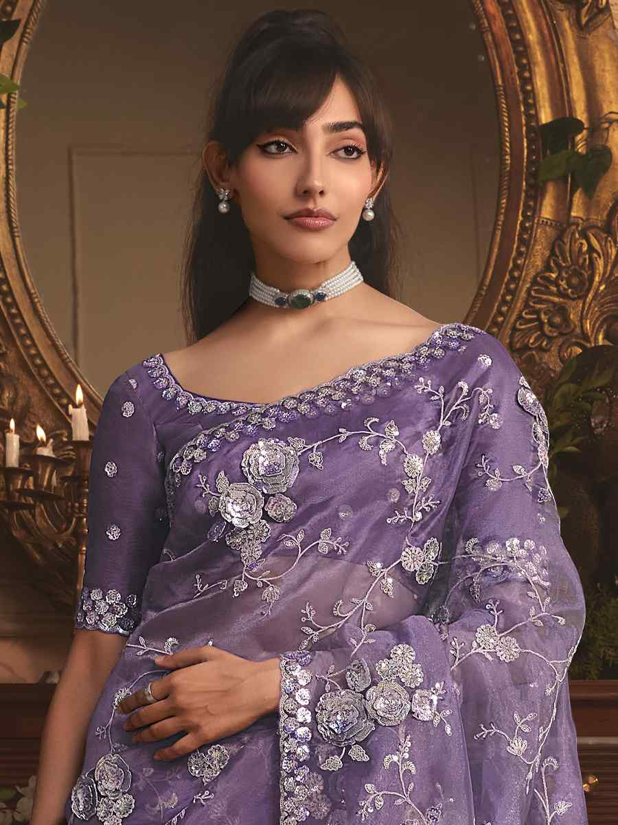 Purple Tissue Organza Embroidery Traditional Bridal Reception Festival Wedding Fancy Heavy Border Saree