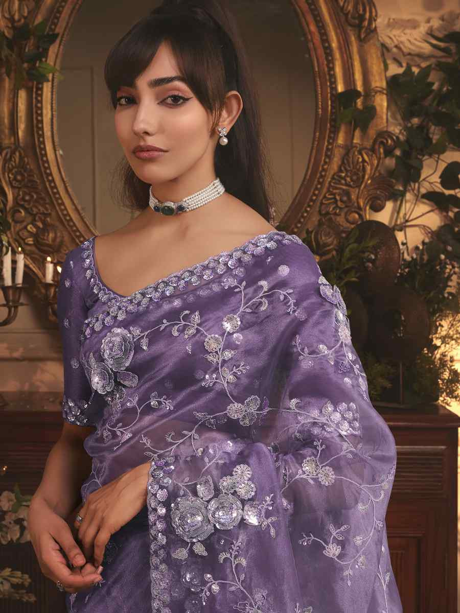 Purple Tissue Organza Embroidery Traditional Bridal Reception Festival Wedding Fancy Heavy Border Saree