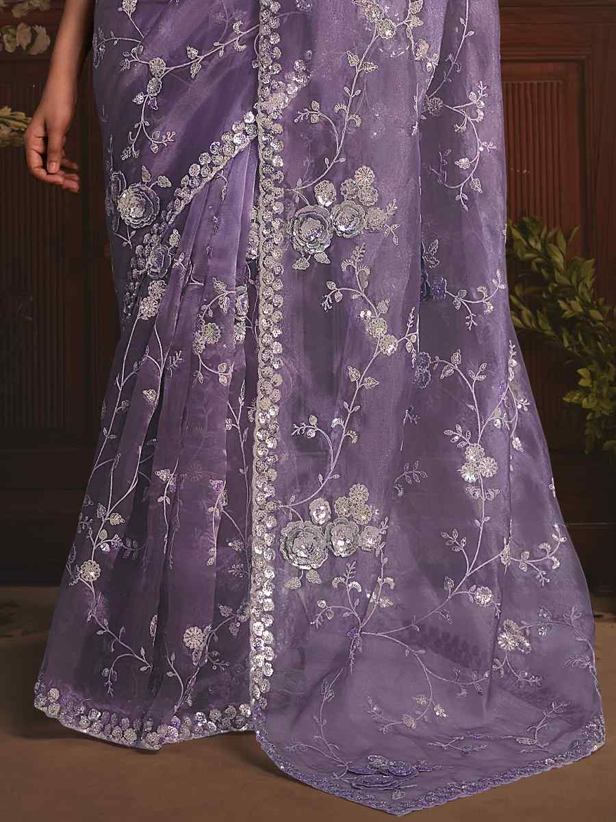Purple Tissue Organza Embroidery Traditional Bridal Reception Festival Wedding Fancy Heavy Border Saree