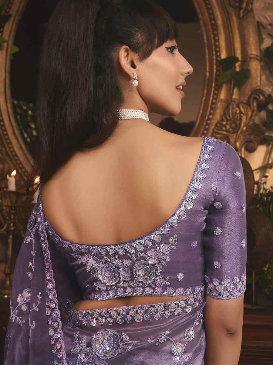 Purple Tissue Organza Embroidery Traditional Bridal Reception Festival Wedding Fancy Heavy Border Saree
