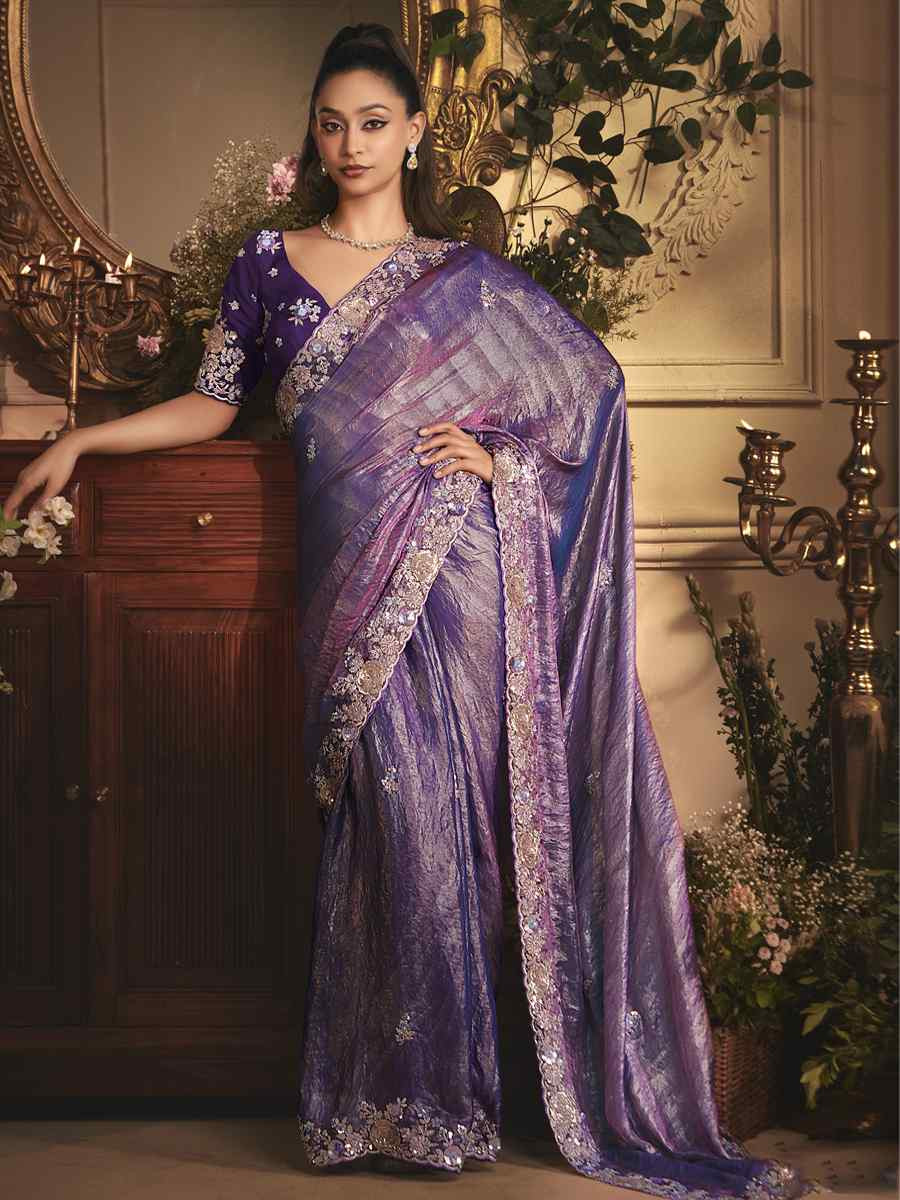 Purple Tissue Organza Embroidery Traditional Bridal Reception Festival Wedding Fancy Heavy Border Saree