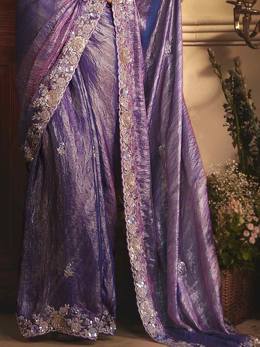 Purple Tissue Organza Embroidery Traditional Bridal Reception Festival Wedding Fancy Heavy Border Saree