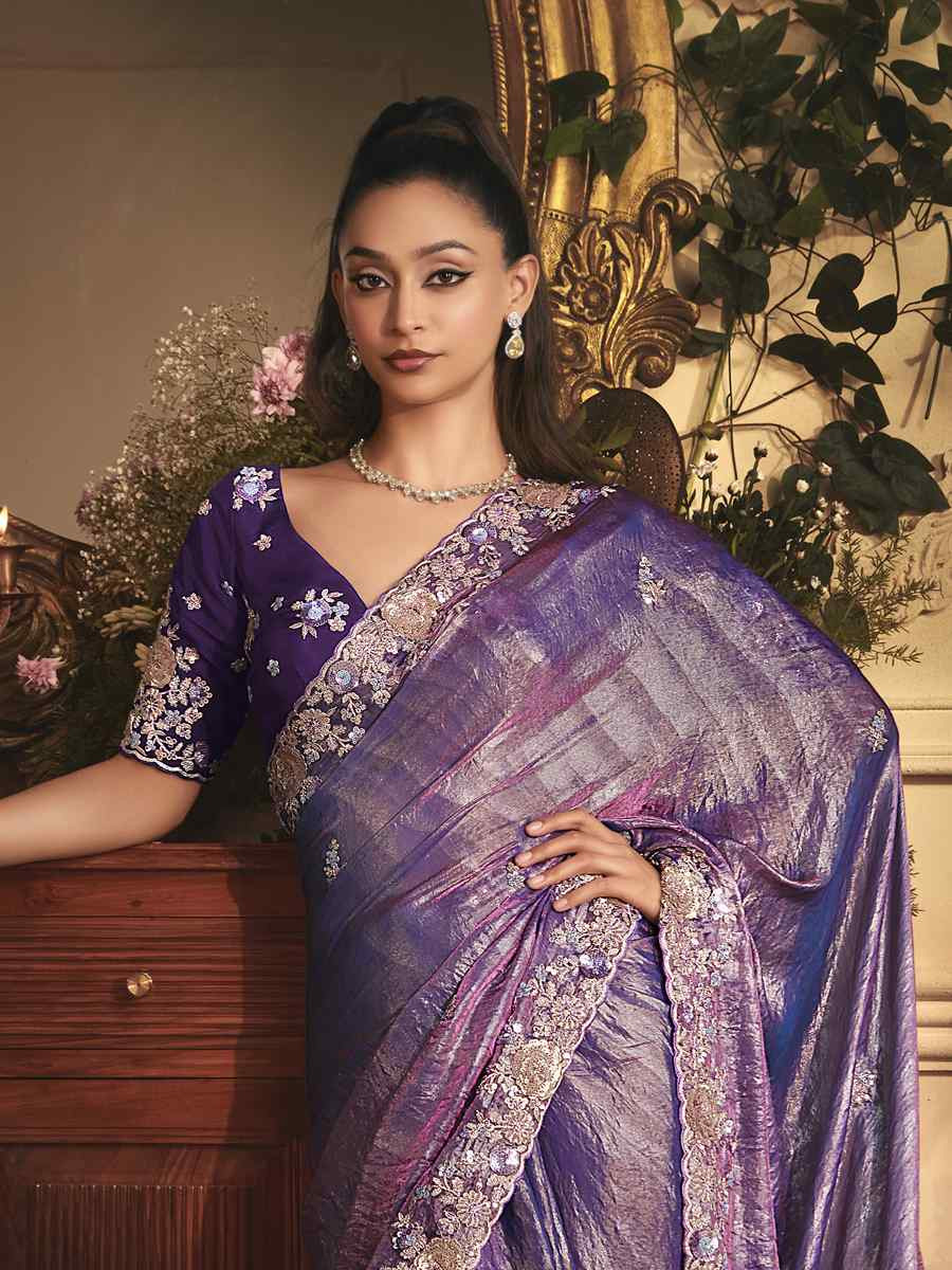 Purple Tissue Organza Embroidery Traditional Bridal Reception Festival Wedding Fancy Heavy Border Saree