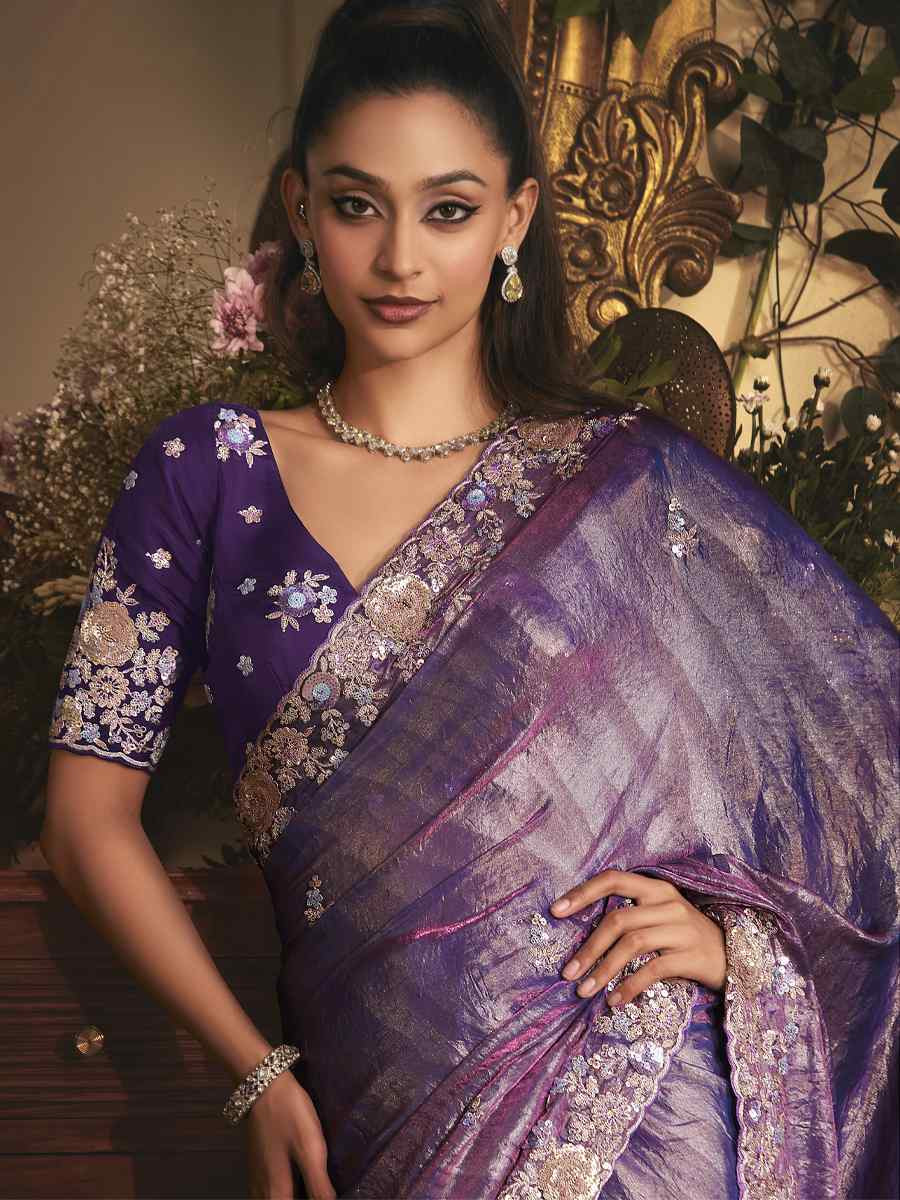Purple Tissue Organza Embroidery Traditional Bridal Reception Festival Wedding Fancy Heavy Border Saree