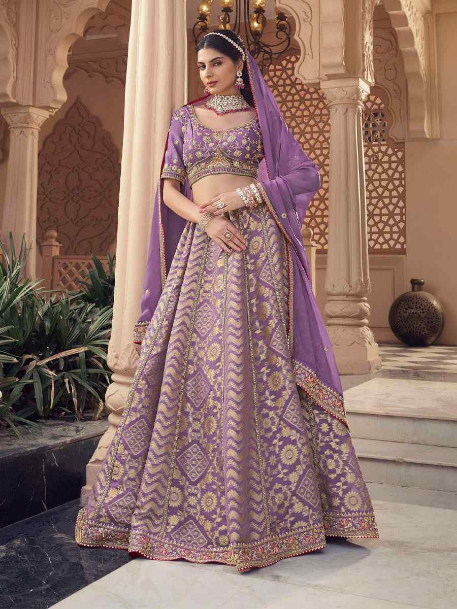 Purple Tissue Organza Silk Embroidered Festival Wedding Party Reception Heavy Border Lehenga Choli