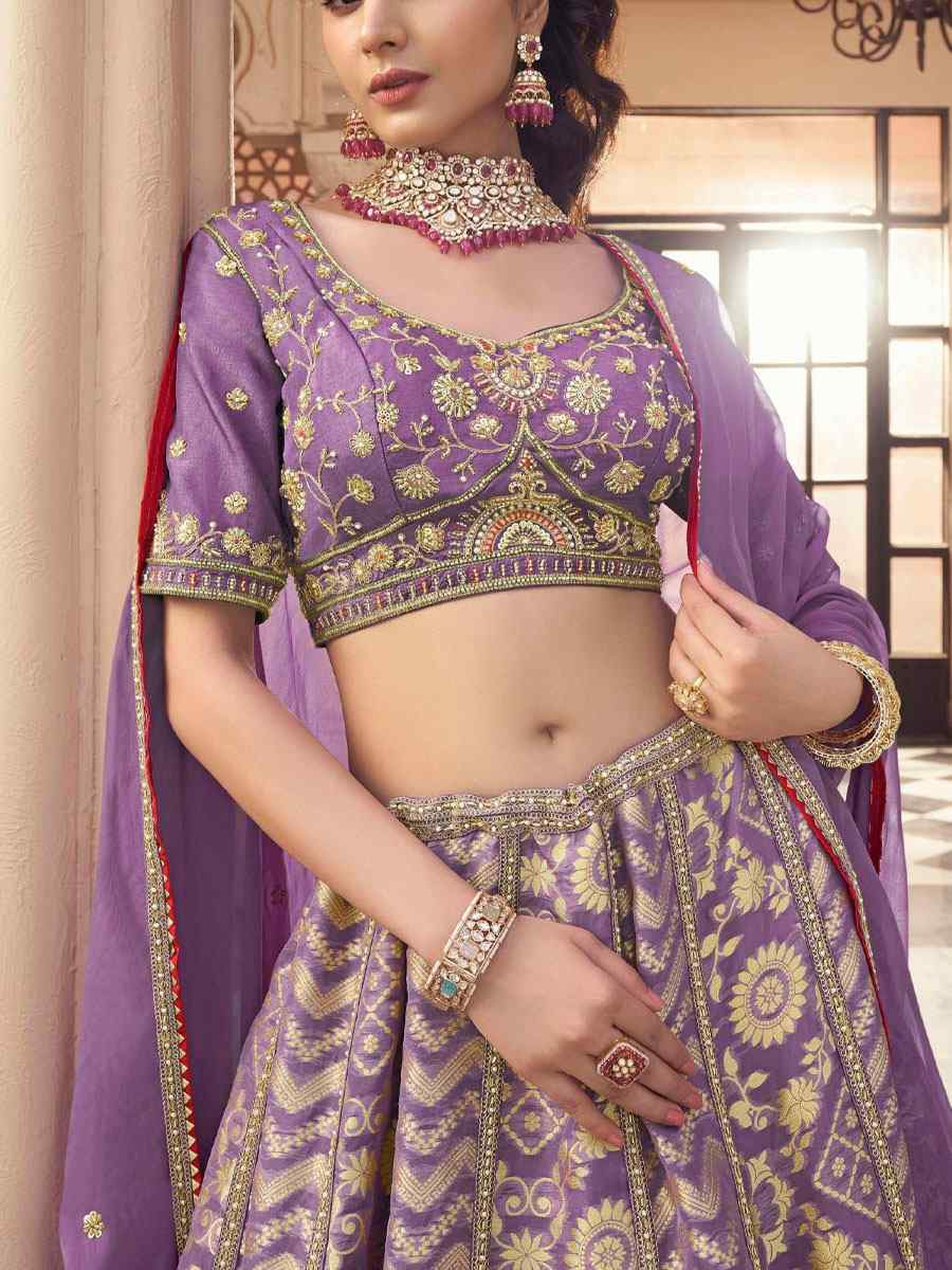 Purple Tissue Organza Silk Embroidered Festival Wedding Party Reception Heavy Border Lehenga Choli