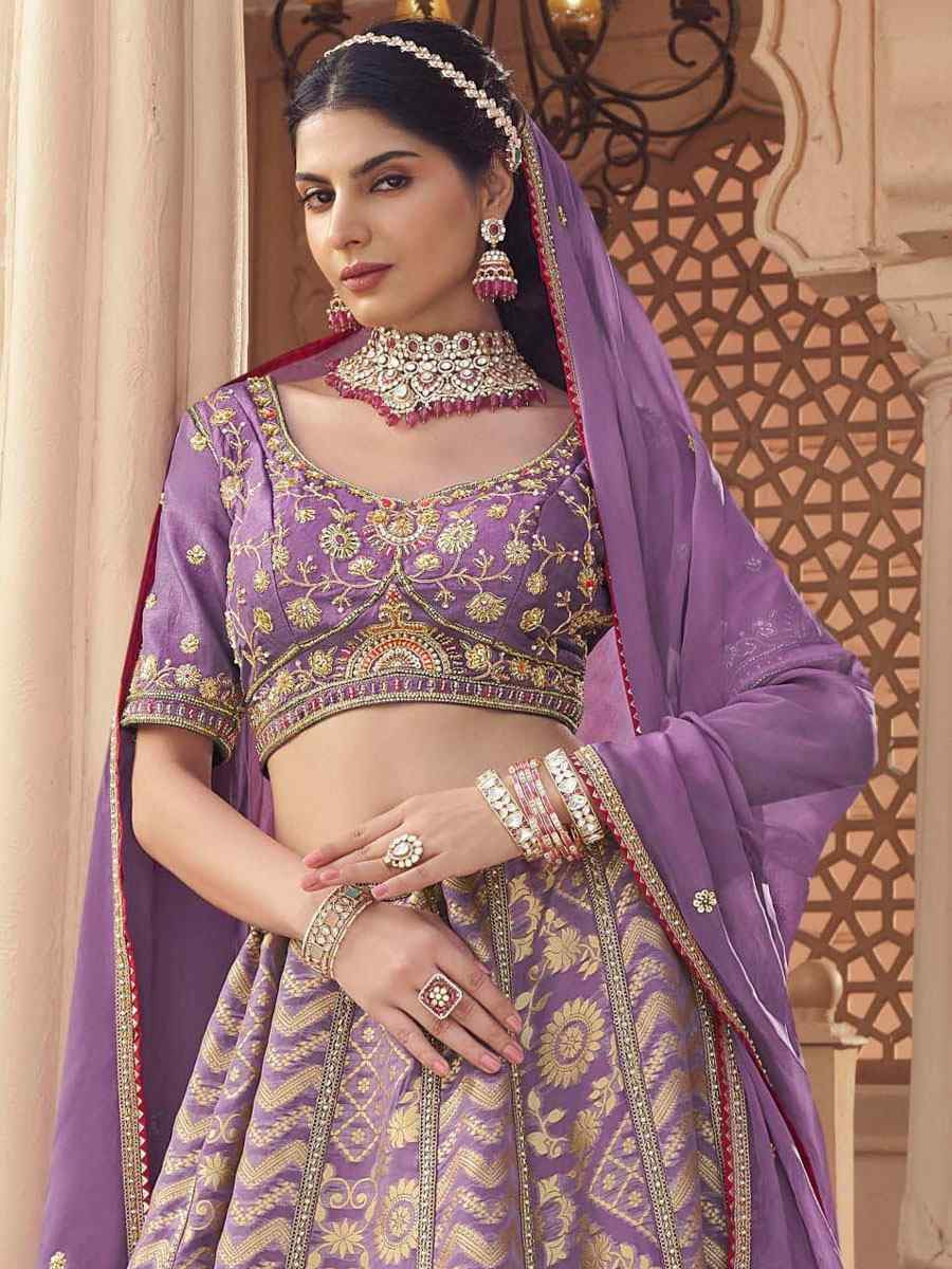 Purple Tissue Organza Silk Embroidered Festival Wedding Party Reception Heavy Border Lehenga Choli