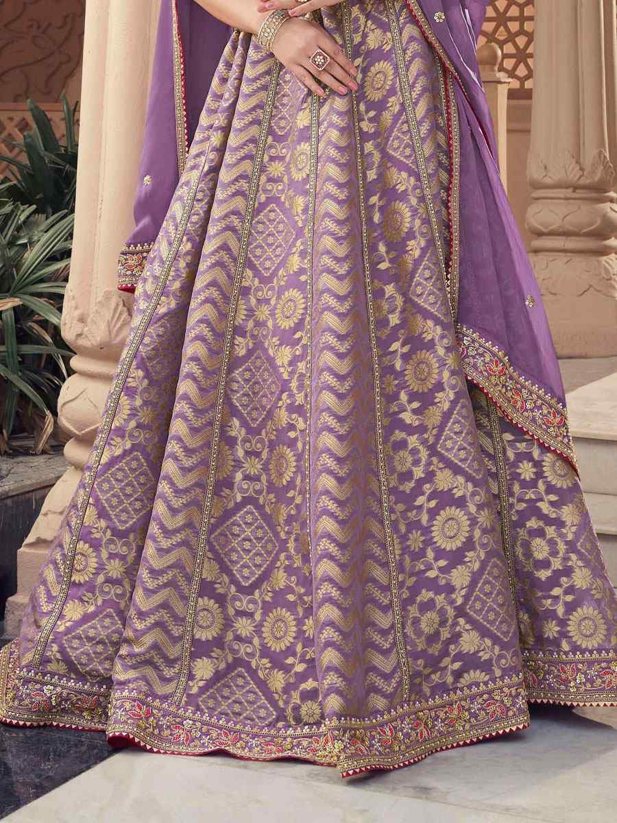 Purple Tissue Organza Silk Embroidered Festival Wedding Party Reception Heavy Border Lehenga Choli