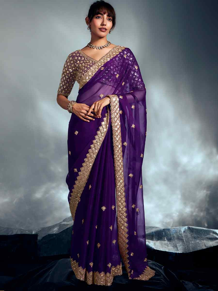 Purple Tissue Organza Silk Embroidery Bridal Cocktail Party Reception Wedding Wear Heavy Border Sarees