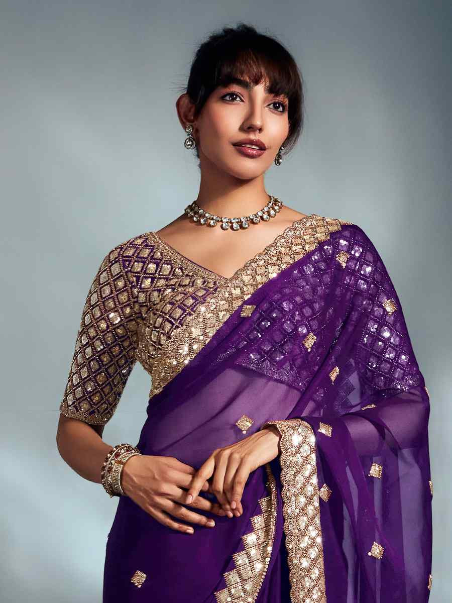 Purple Tissue Organza Silk Embroidery Bridal Cocktail Party Reception Wedding Wear Heavy Border Sarees