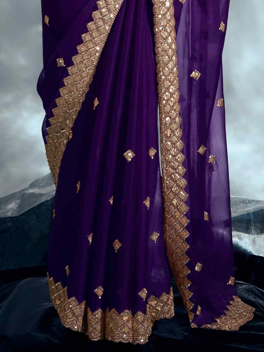 Purple Tissue Organza Silk Embroidery Bridal Cocktail Party Reception Wedding Wear Heavy Border Sarees