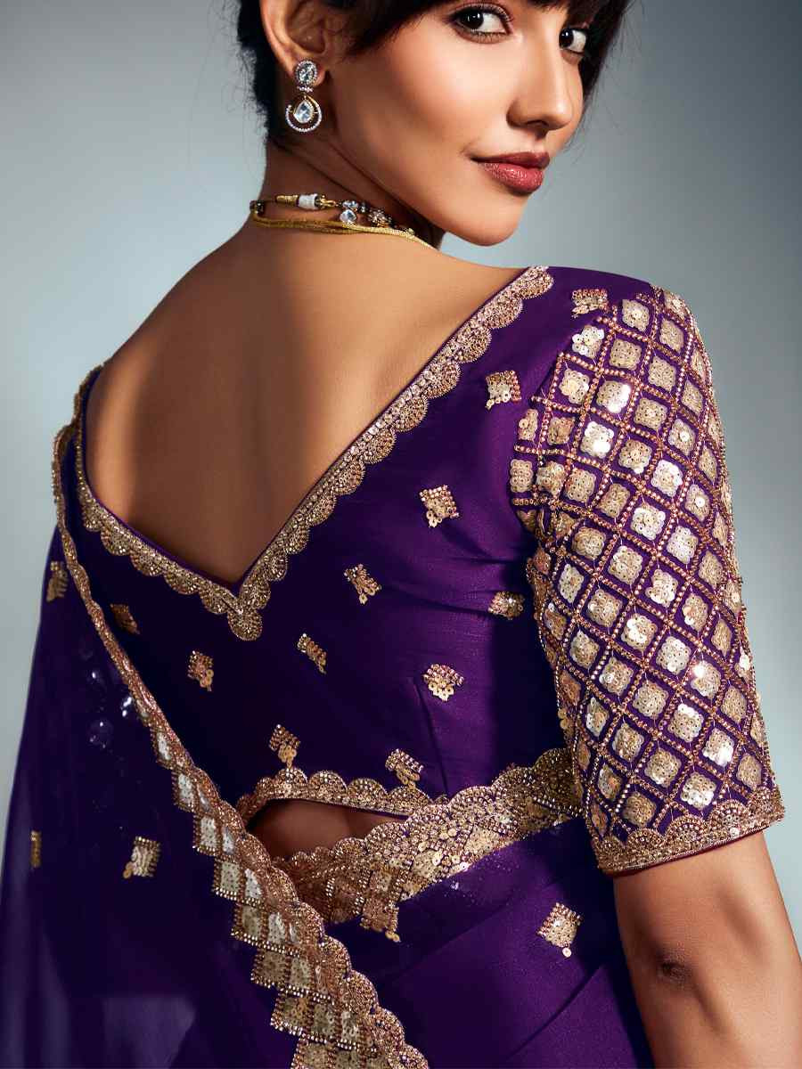 Purple Tissue Organza Silk Embroidery Bridal Cocktail Party Reception Wedding Wear Heavy Border Sarees