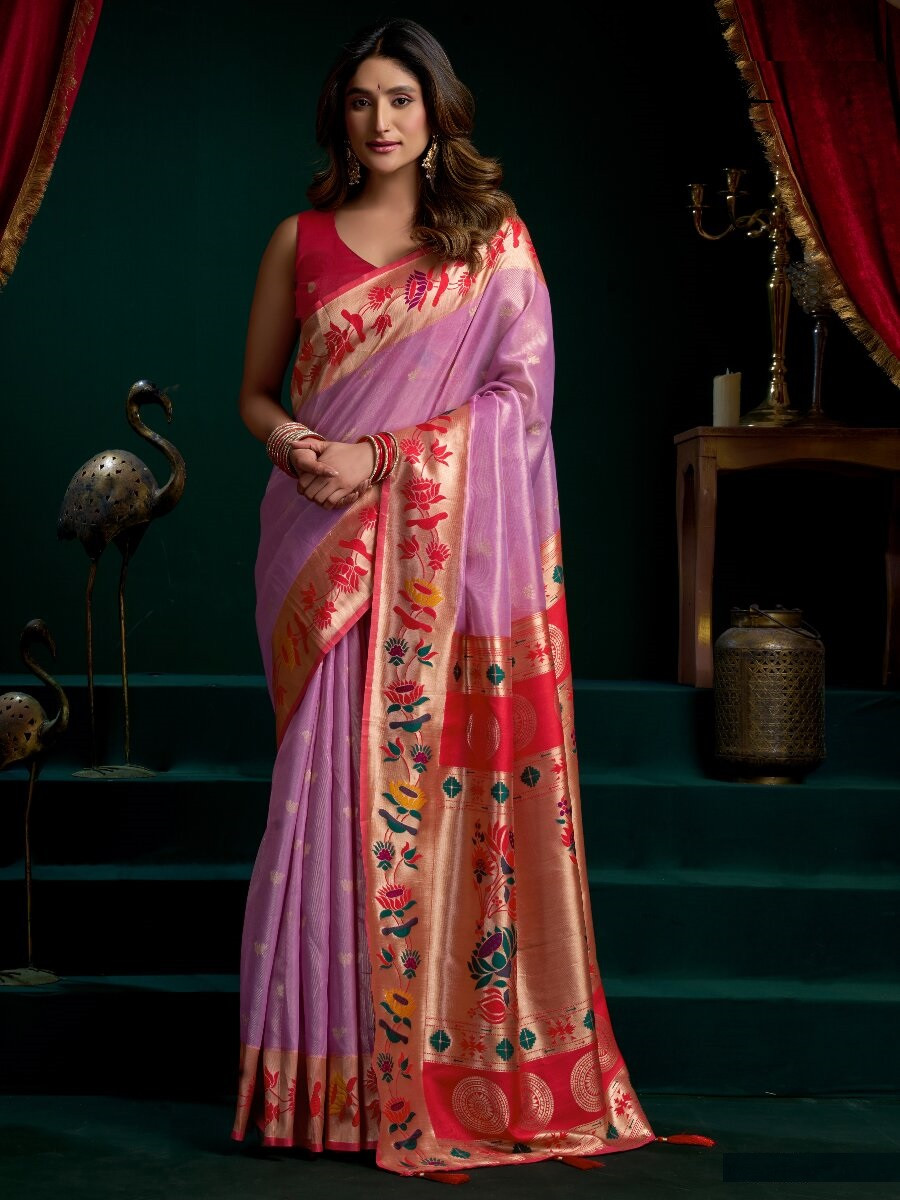 Purple Tissue Paithani Silk Embroidery Wedding Reception Party Festival Heavy Border Sarees
