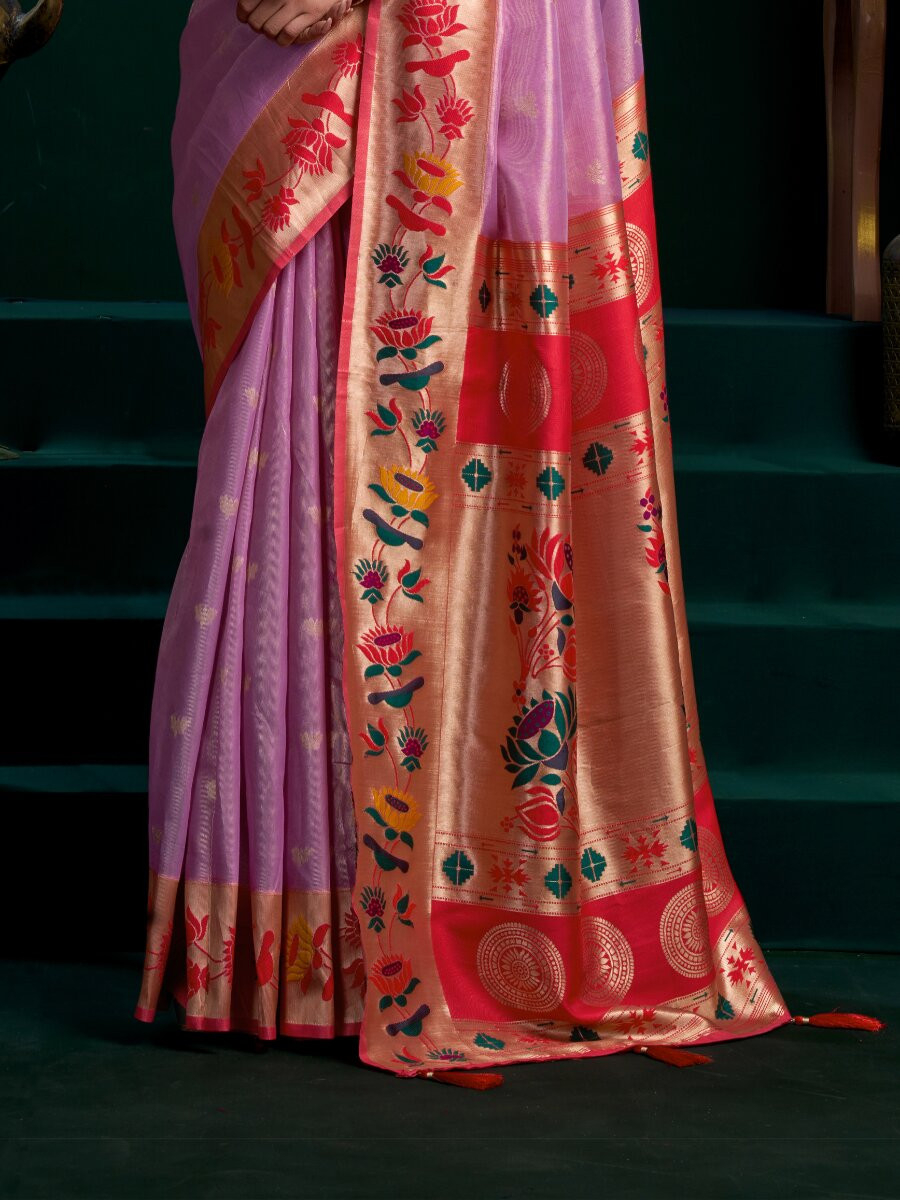 Purple Tissue Paithani Silk Embroidery Wedding Reception Party Festival Heavy Border Sarees