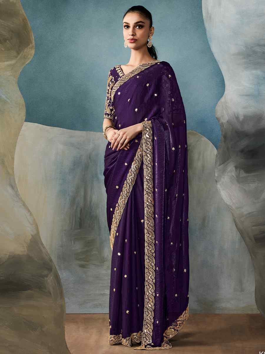 Purple Tissue Silk Embroidered Festival Wedding Fancy Heavy Border Saree