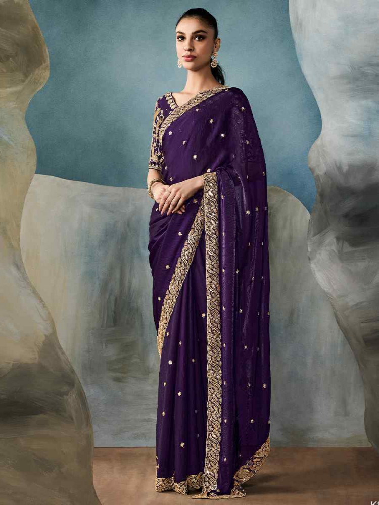 Purple Tissue Silk Embroidered Festival Wedding Fancy Heavy Border Saree
