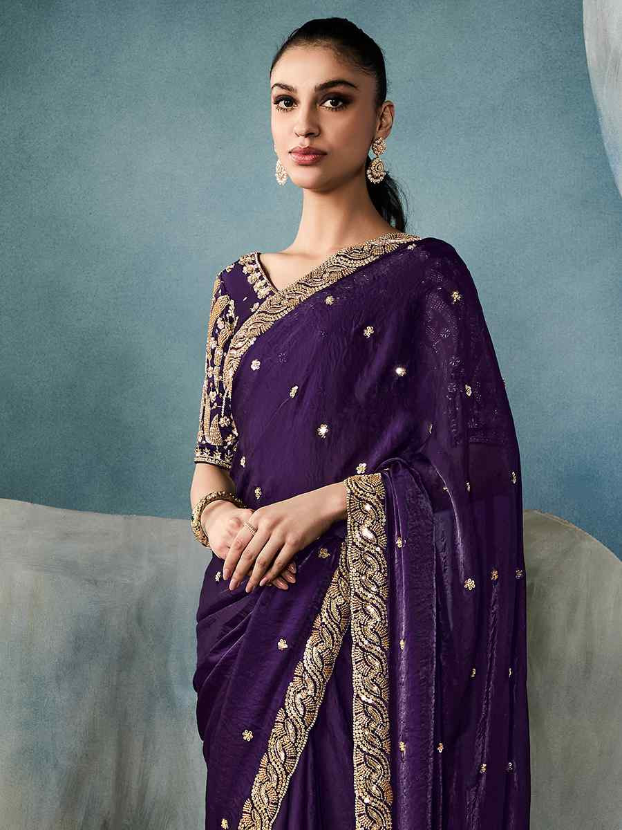 Purple Tissue Silk Embroidered Festival Wedding Fancy Heavy Border Saree