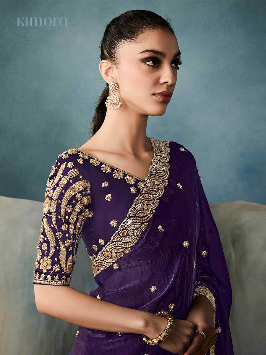 Purple Tissue Silk Embroidered Festival Wedding Fancy Heavy Border Saree