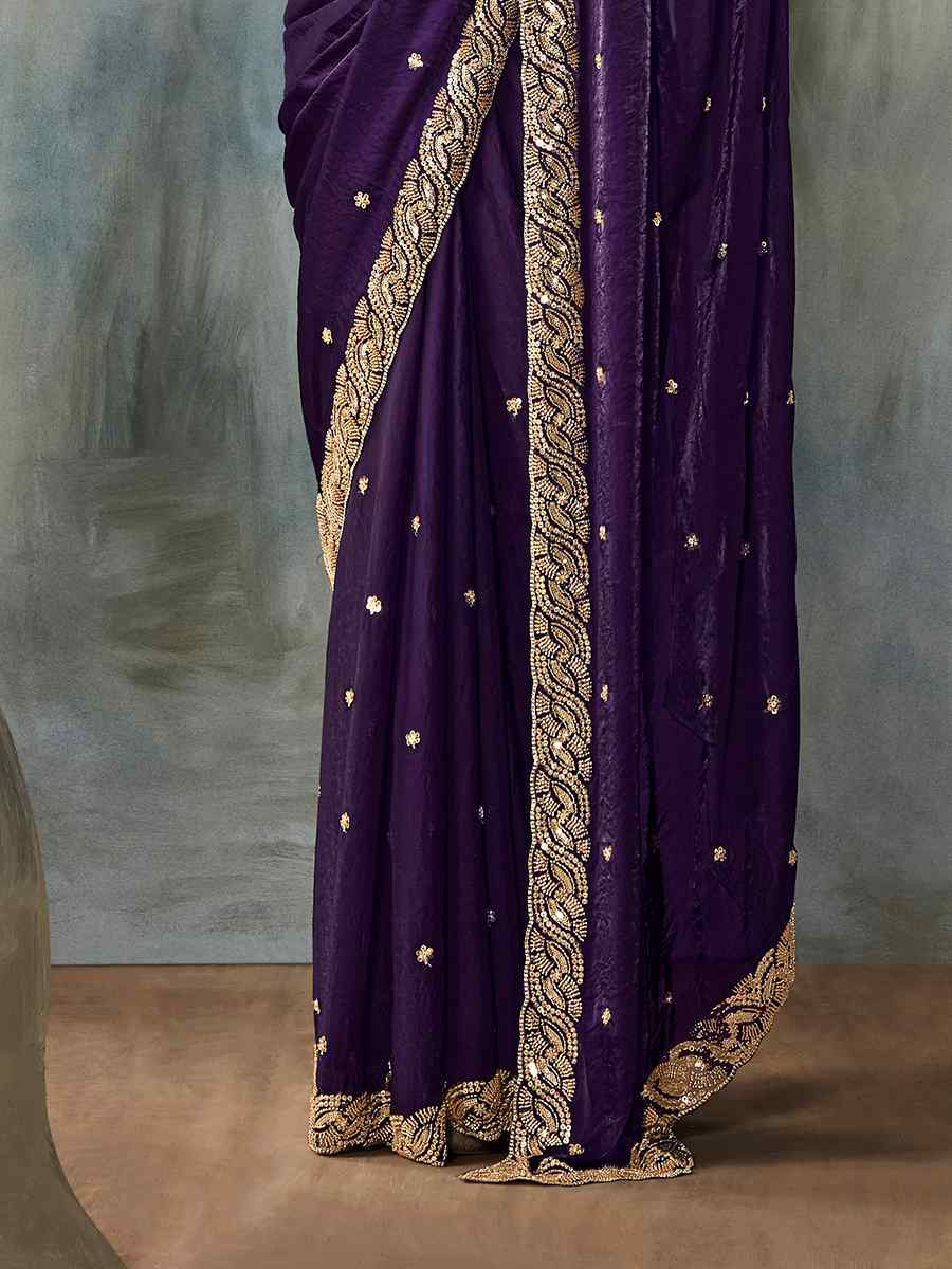 Purple Tissue Silk Embroidered Festival Wedding Fancy Heavy Border Saree