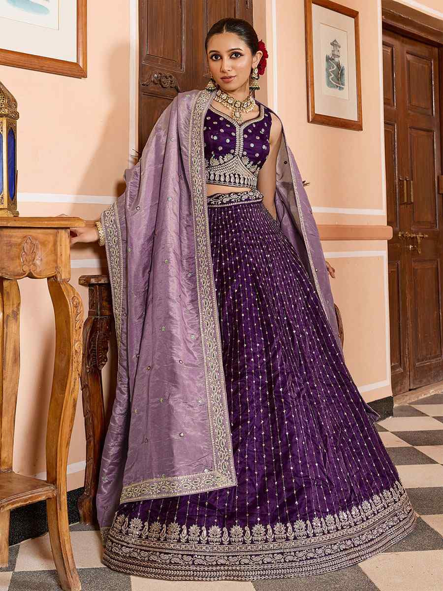 Purple Tissue Silk Embroidered Wedding Reception Festival Heavy Border Lehenga Choli