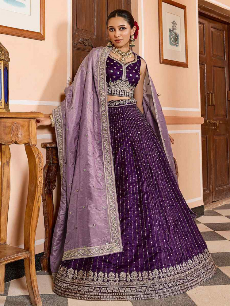 Image of Purple Tissue Silk Embroidered Wedding Reception Festival Heavy Border Lehenga Choli