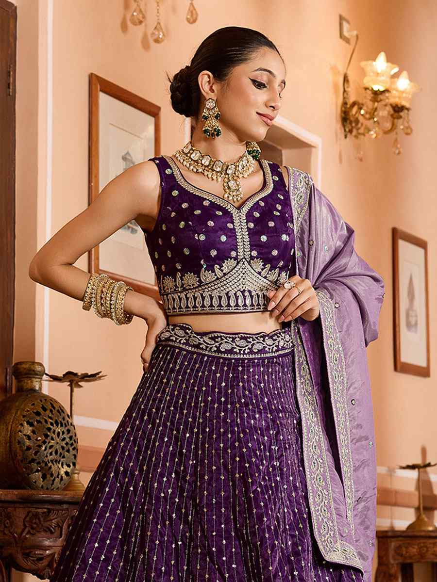 Purple Tissue Silk Embroidered Wedding Reception Festival Heavy Border Lehenga Choli