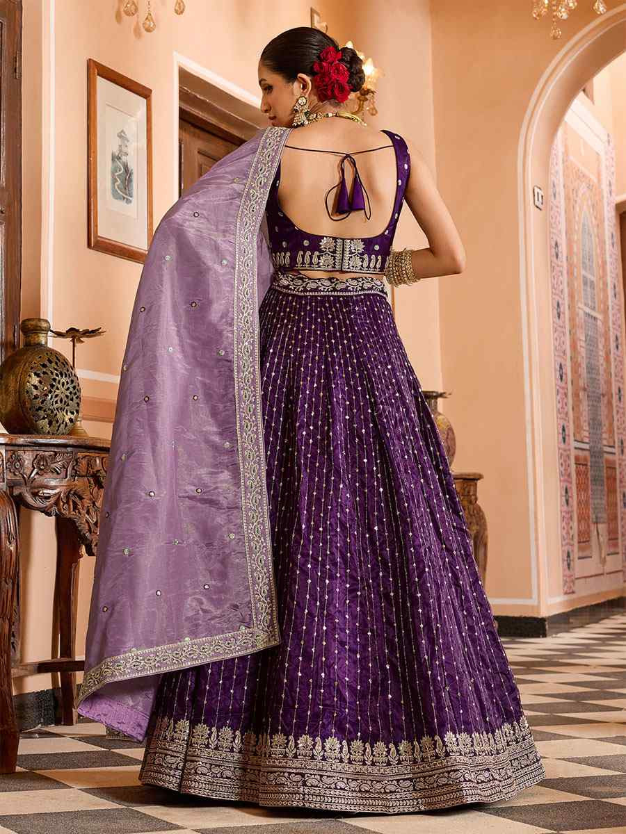Purple Tissue Silk Embroidered Wedding Reception Festival Heavy Border Lehenga Choli