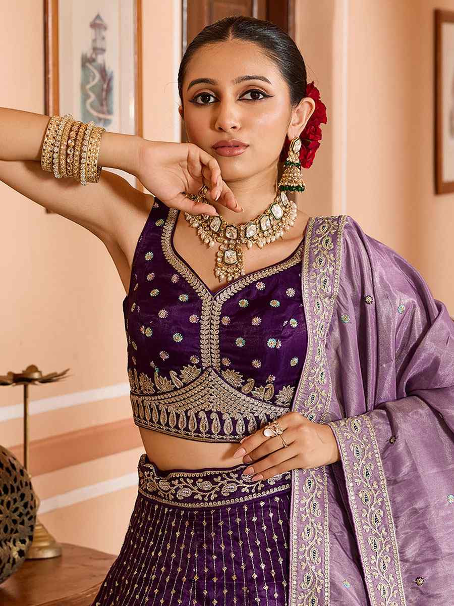 Purple Tissue Silk Embroidered Wedding Reception Festival Heavy Border Lehenga Choli