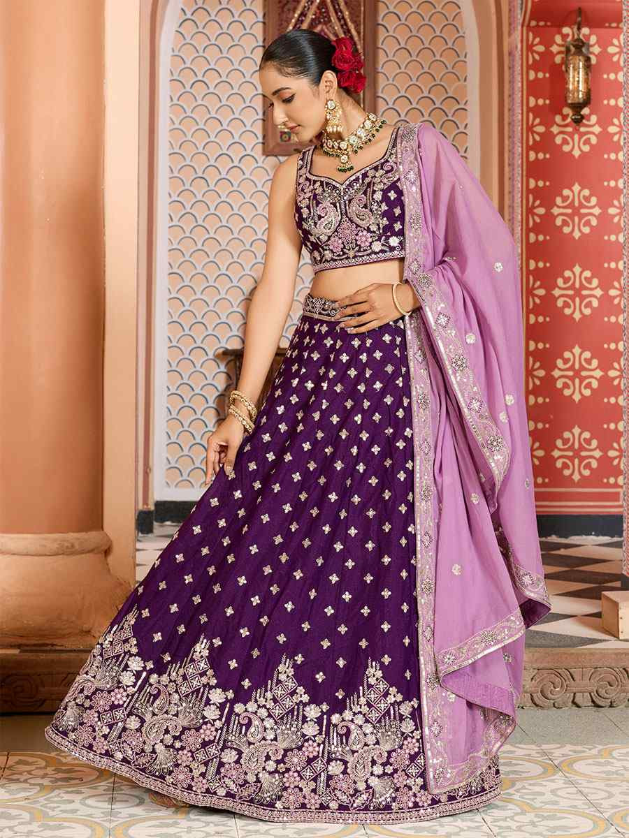 Purple Tissue Silk Embroidered Wedding Reception Festival Heavy Border Lehenga Choli