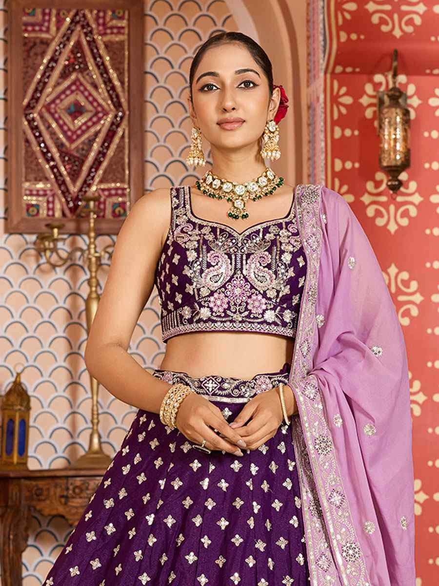 Purple Tissue Silk Embroidered Wedding Reception Festival Heavy Border Lehenga Choli