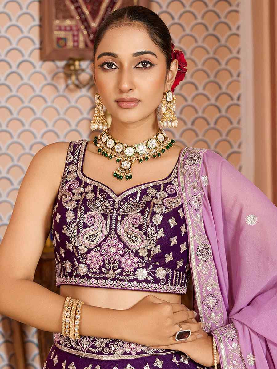 Purple Tissue Silk Embroidered Wedding Reception Festival Heavy Border Lehenga Choli