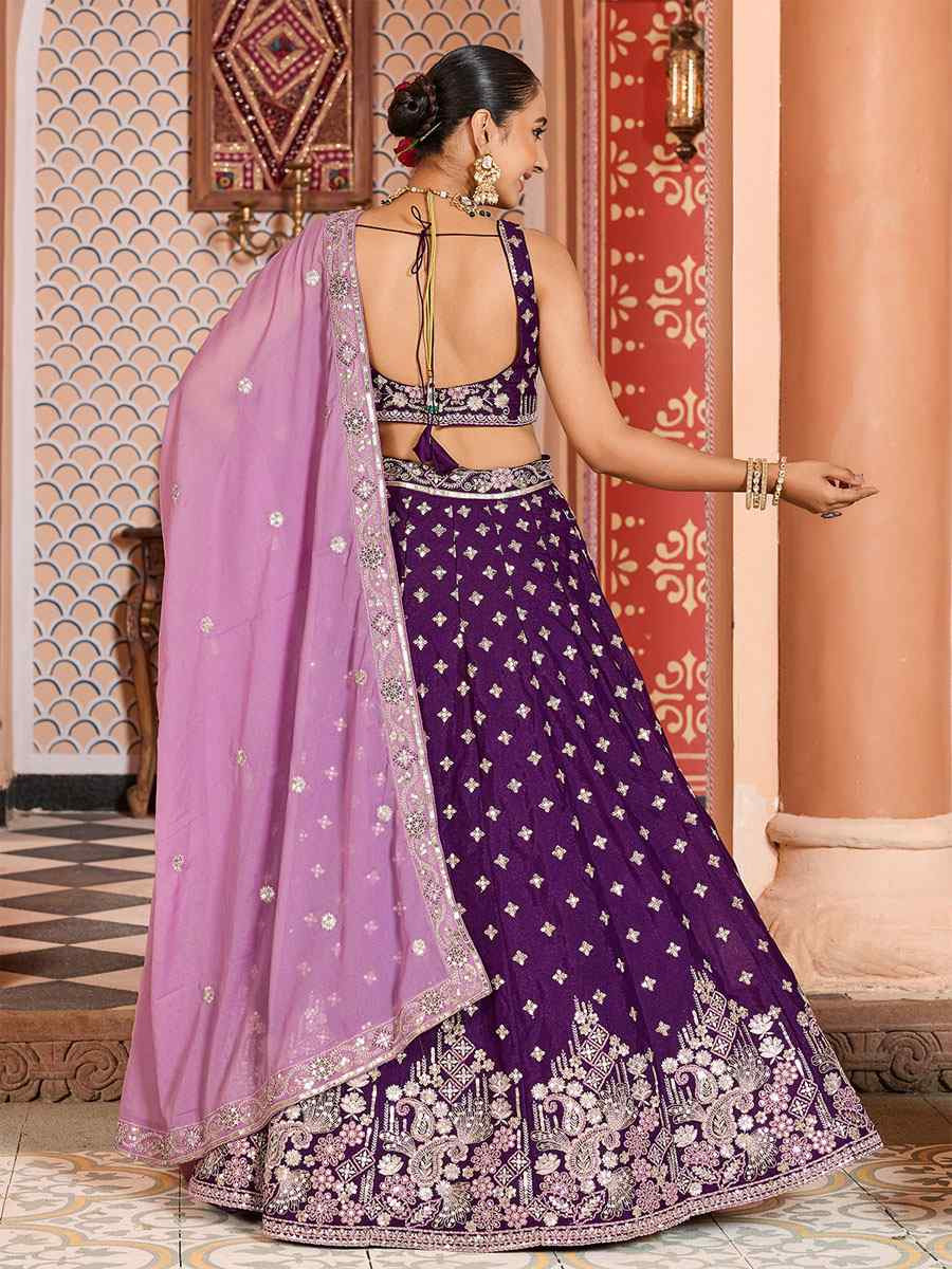 Purple Tissue Silk Embroidered Wedding Reception Festival Heavy Border Lehenga Choli