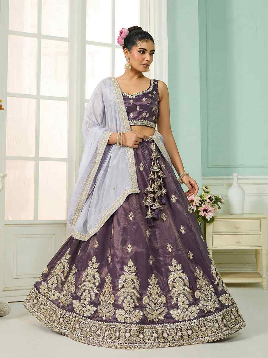 Purple Tissue Silk Embroidered Wedding Reception Festival Heavy Border Lehenga Choli