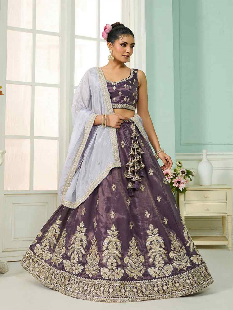 Image of Purple Tissue Silk Embroidered Wedding Reception Festival Heavy Border Lehenga Choli