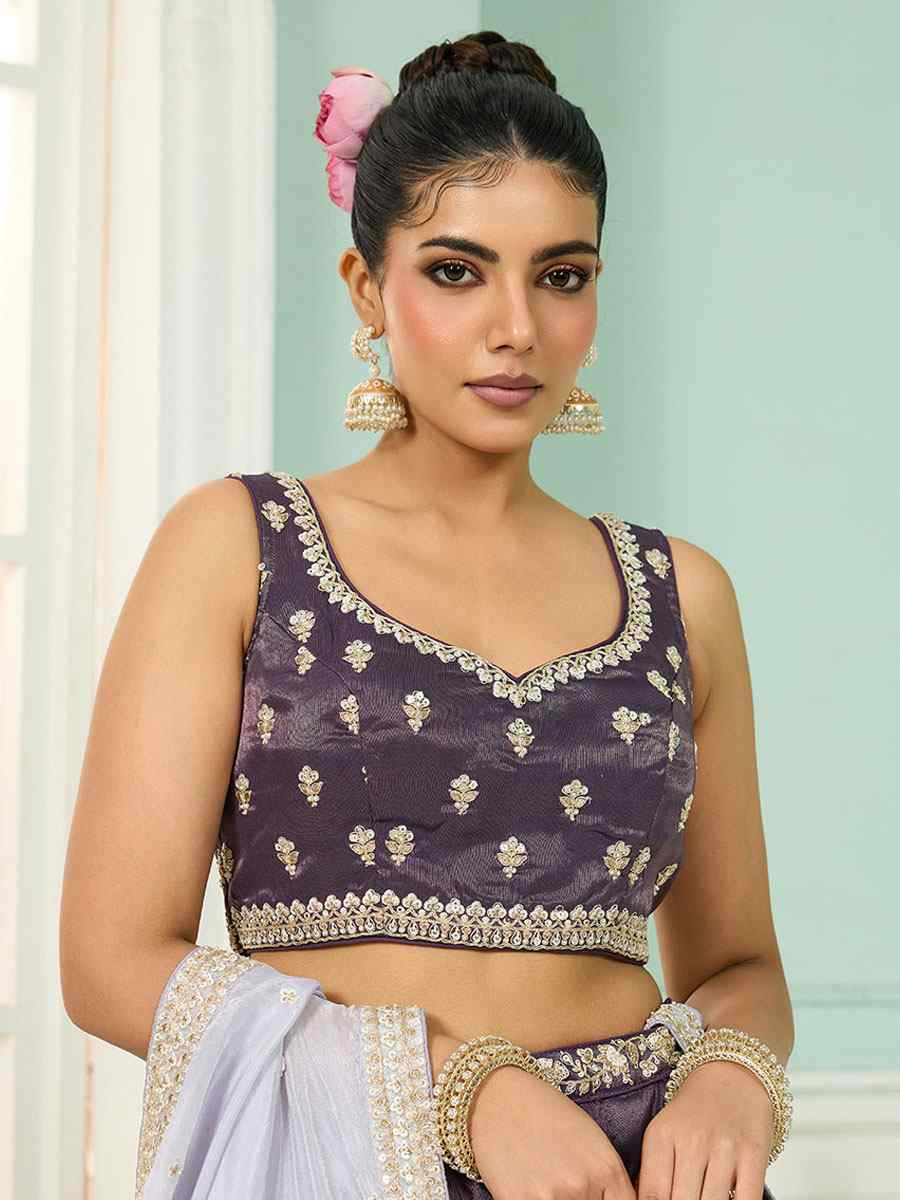 Purple Tissue Silk Embroidered Wedding Reception Festival Heavy Border Lehenga Choli