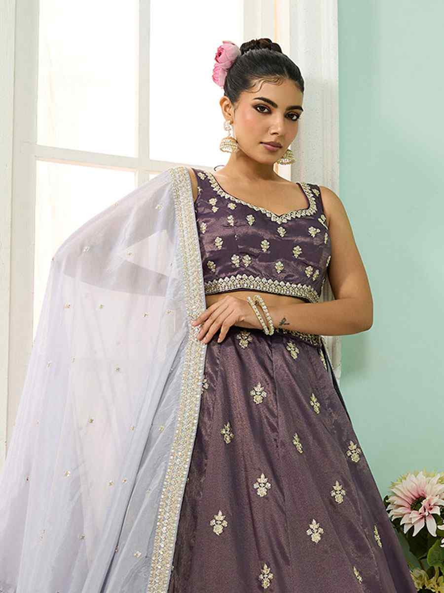 Purple Tissue Silk Embroidered Wedding Reception Festival Heavy Border Lehenga Choli
