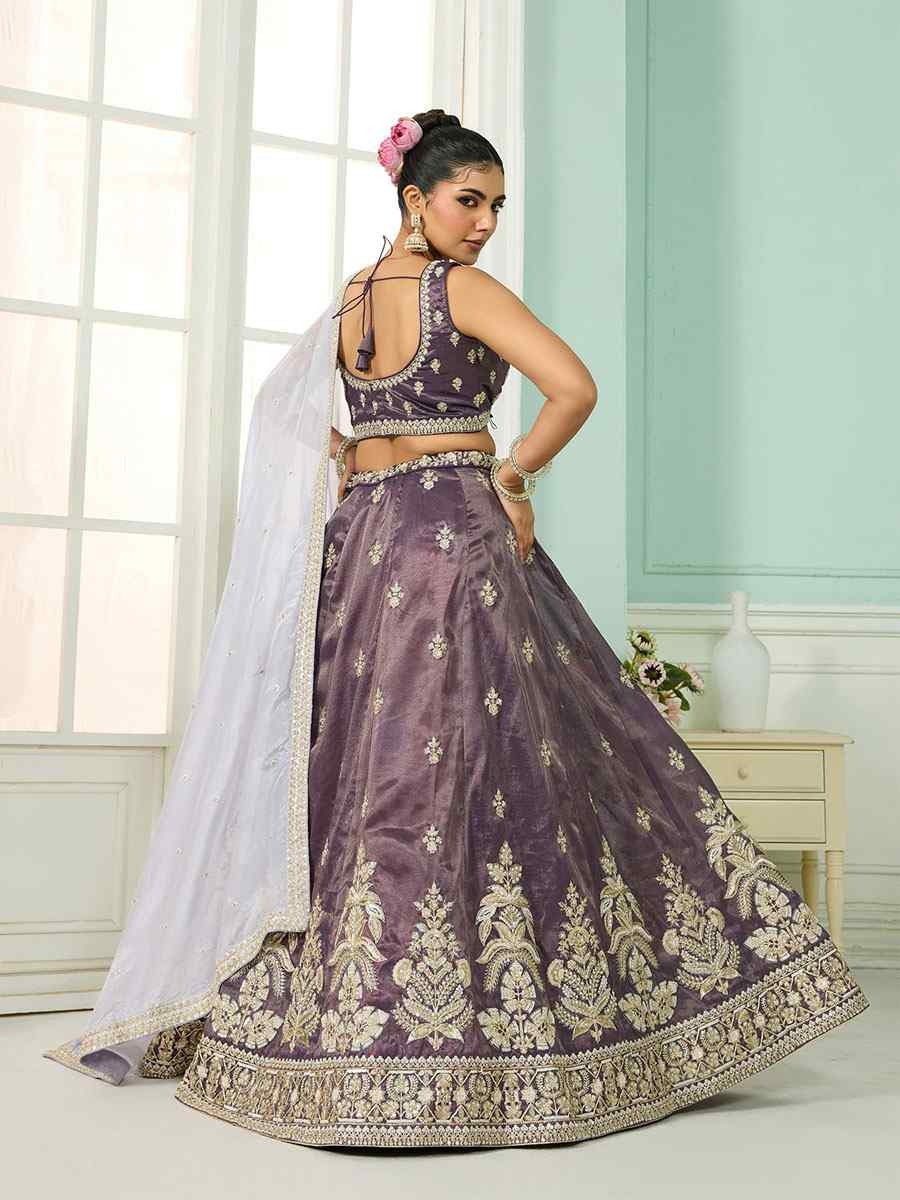 Purple Tissue Silk Embroidered Wedding Reception Festival Heavy Border Lehenga Choli