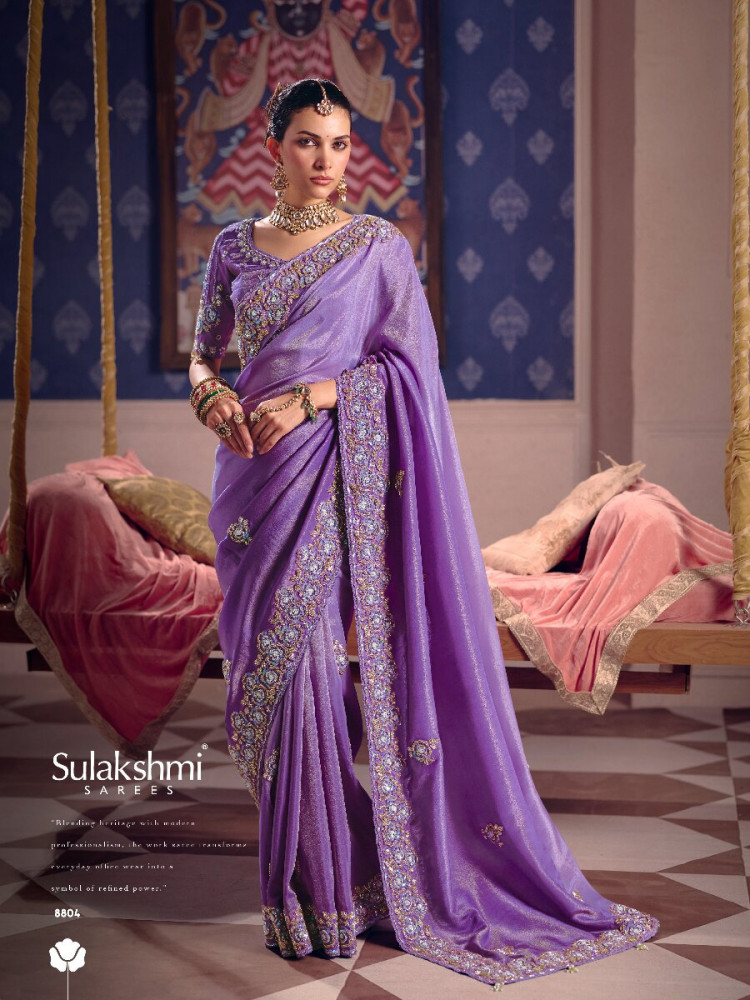 Image of Purple Tissue Silk Embroidery Sequins Zari Wedding Party Festival Casual Heavy Border Sarees