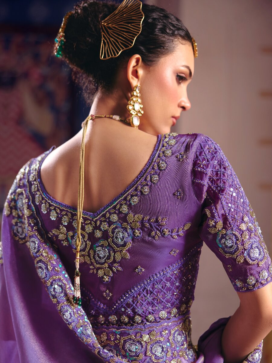 Purple Tissue Silk Embroidery Sequins Zari Wedding Party Festival Casual Heavy Border Sarees
