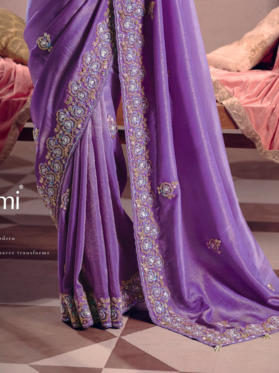 Purple Tissue Silk Embroidery Sequins Zari Wedding Party Festival Casual Heavy Border Sarees