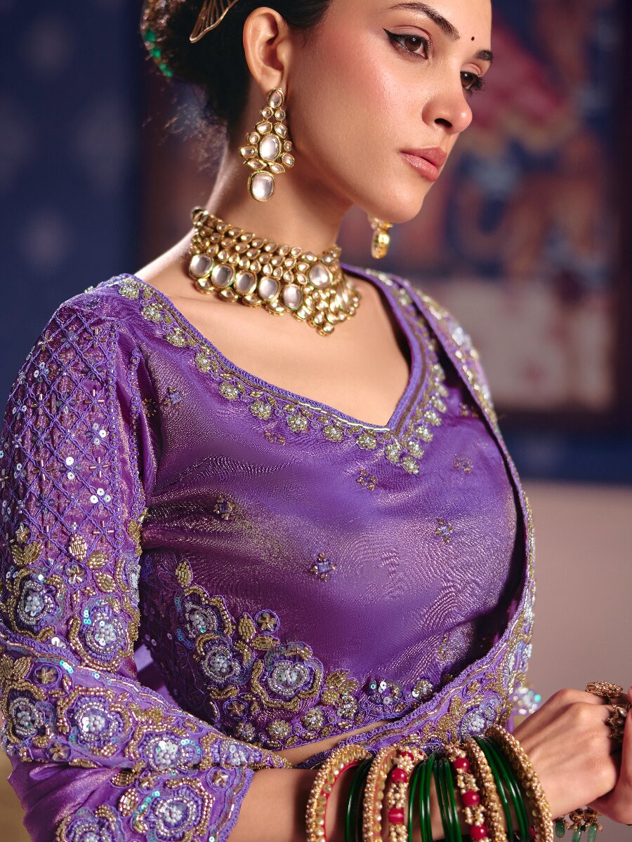 Purple Tissue Silk Embroidery Sequins Zari Wedding Party Festival Casual Heavy Border Sarees