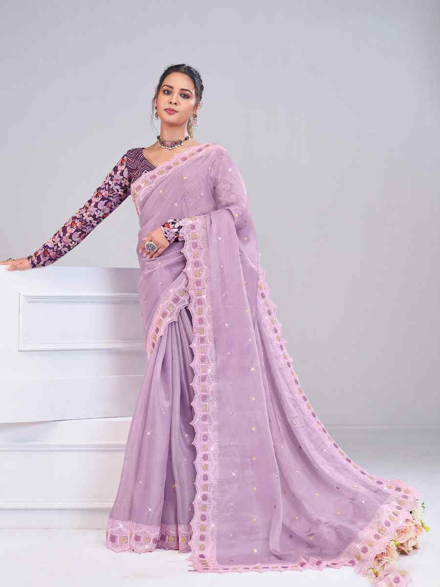Purple Tissue Silk Embroidery Traditional Bridal Reception Festival Wedding Fancy Heavy Border Saree