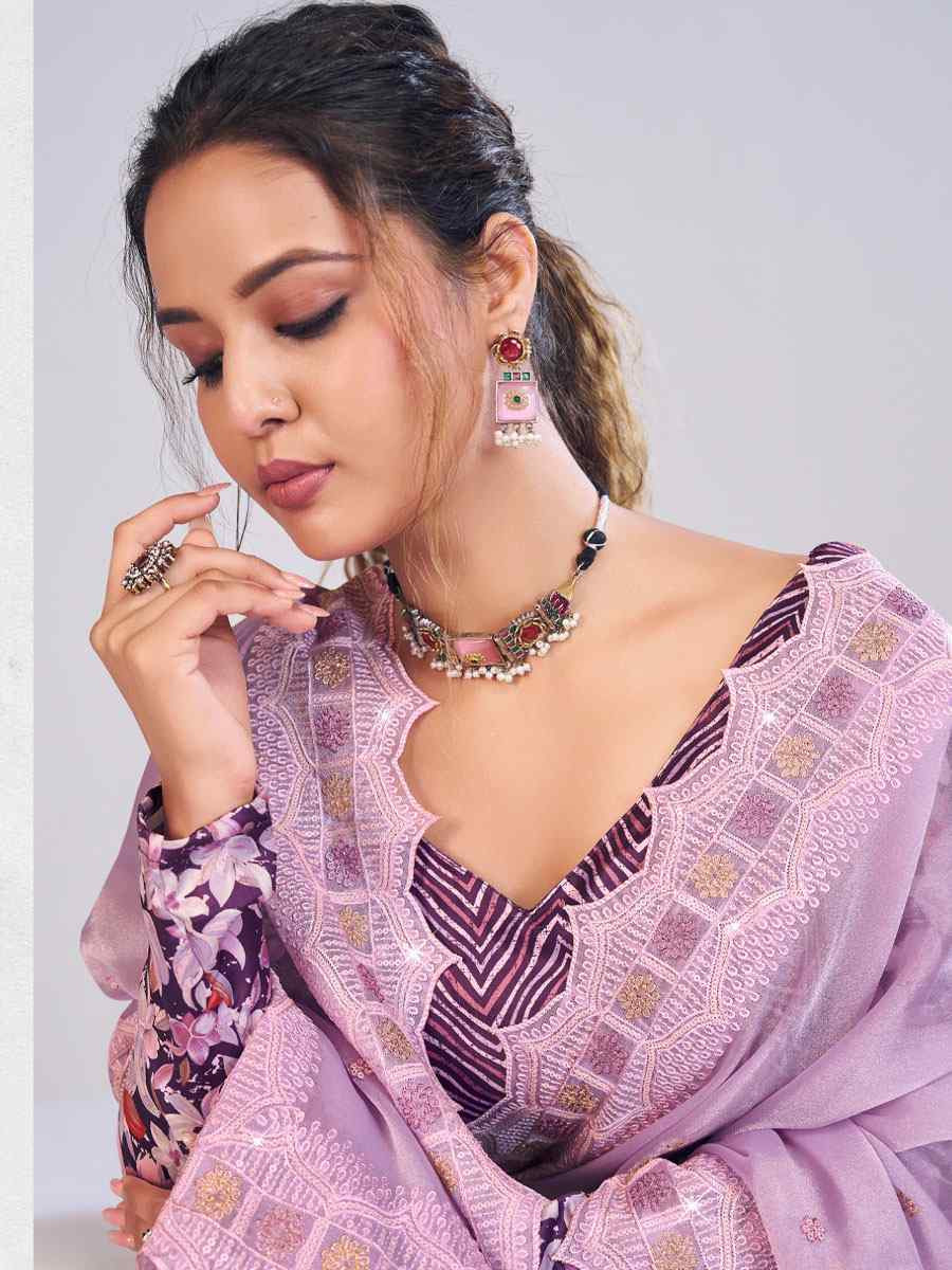 Purple Tissue Silk Embroidery Traditional Bridal Reception Festival Wedding Fancy Heavy Border Saree