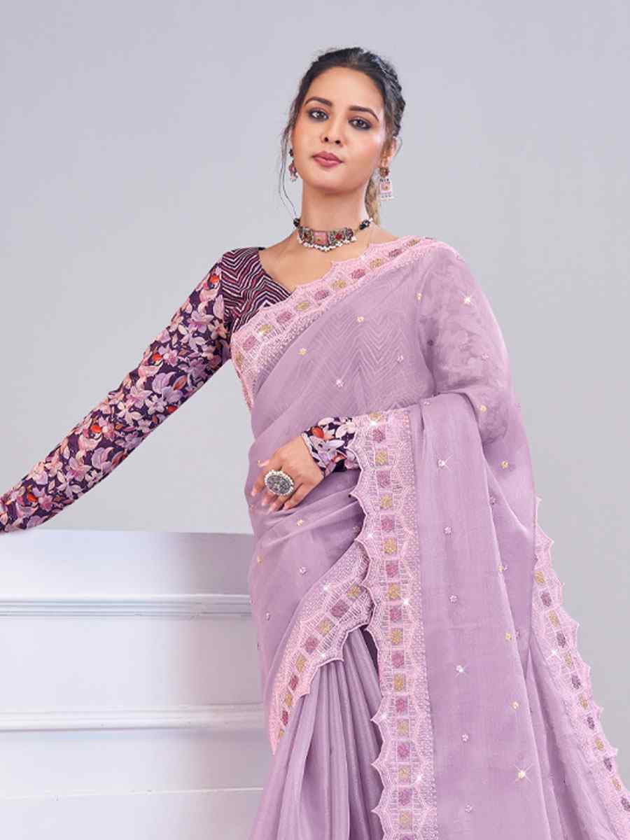 Purple Tissue Silk Embroidery Traditional Bridal Reception Festival Wedding Fancy Heavy Border Saree