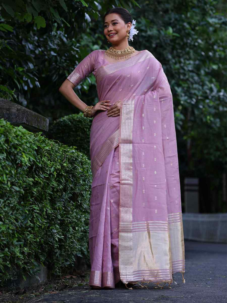 Purple Tissue Silk Handwoven Festival Wedding Heavy Border Saree